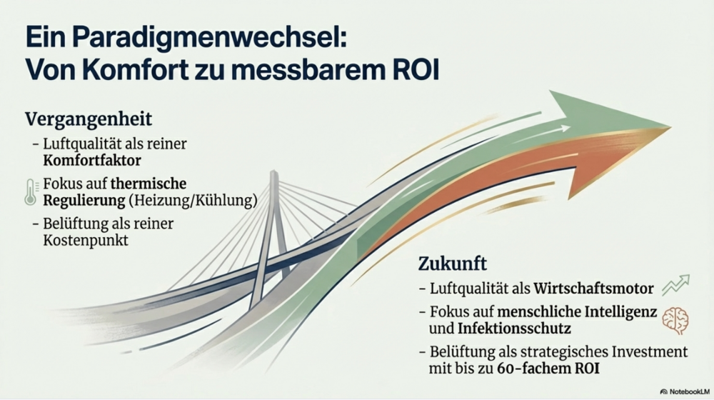 Paradigmenwechsel früher/heute: von Luftqualität als reinem Komfortfaktor zu messbarem Return on Investment ROI. (Bild: Maja Strasser / NotebookLM)